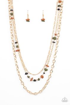 Infused with sections of earthy brown, black, and green stones, a trio of mismatched gold chains layer down the chest for a dash of rustic refinement. Features an adjustable clasp closure. Multi Necklace, Earthy Brown, Green Stones, Spring Jewelry, Paparazzi Accessories, Fall Jewelry, Paparazzi Jewelry, Summer Jewelry, Boutique Jewelry