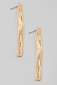 About 2.5" long. Chic Metal Long Drop Linear Earrings, Chic Long Drop Linear Earrings For Pierced Ears, Chic Long Drop Metal Linear Earrings, Trendy Gold-tone Dangle Earrings, Trendy Long Drop Metal Jewelry, Chic Metal Linear Long Drop Earrings, Trendy Formal Drop Earrings, Trendy Formal Linear Drop Earrings, Trendy Dangle Linear Earrings For Formal Occasions