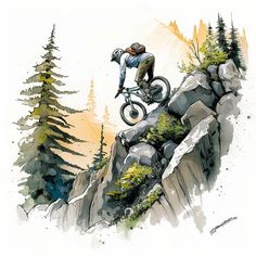 a man on a bike jumping over rocks in the mountains with pine trees behind him