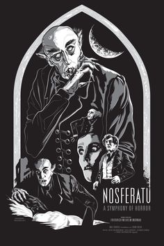 the poster for nosteratu is shown in black and white, with an image of