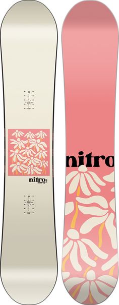 the snowboard is designed to look like it has flowers on it, and says niro