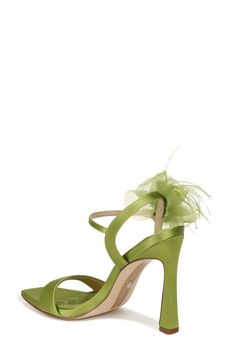 A whimsical floral appliqué enriches the ankle of an occasion-ready sandal framed by an angular square toe and flare heel. 4 1/2" heel (size 8.5) Adjustable ankle strap with buckle closure Textile upper and lining/rubber sole Imported Glamorous Spring Sandals With 4-inch Heel, Summer Event Sandals With 4-inch Heel, Green Square Toe Evening Sandals, Green Square Toe Heels For Evening, Green Square Toe Evening Heels, Glamorous Green Pointed Toe Sandals, Green Ankle Strap Sandals For Cocktail, Green Square Toe Sandals For Party, Green Sandals With Heel Strap For Party