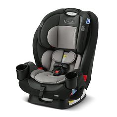 the child's car seat is black and grey