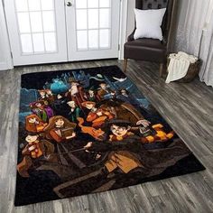 an area rug with cartoon characters on it in front of a door and a chair