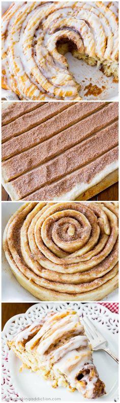 an image of cinnamon roll cake with icing on the top and bottom, in different stages