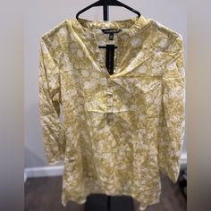 Boho Style. Size Small Yellow Cotton V-neck Blouse, Casual Gold Blouse For Spring, Mustard Floral Print Vacation Tops, Mustard Floral Print Cotton Top, Mustard Cotton Floral Print Top, Mustard Cotton Top With Floral Print, Mustard Long Sleeve Vacation Top, Mustard Long Sleeve Top For Vacation, Casual Mustard V-neck Blouse