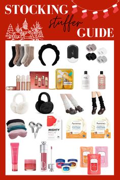 the stocking stuff guide is displayed on a red background