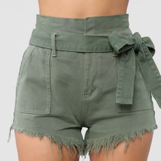 11" Rise - High Rise Paperbag Waist Tie Waist Belt Fray Hem Rigid Denim 4 Pockets Button & Zipper Closure 4" Inseam 100% Cotton Chic Green Denim Bottoms, High Waist Cotton Jean Shorts With Belt Loops, High-waist Cotton Jean Shorts With Belt Loops, Trendy Khaki Cotton Shorts, High Waist Cotton Shorts With Belt Loops, High-waist Cotton Shorts With Belt Loops, High Waist Khaki Cotton Shorts, Khaki High Waist Cotton Shorts, Green Bottoms With Belt Loops For Summer