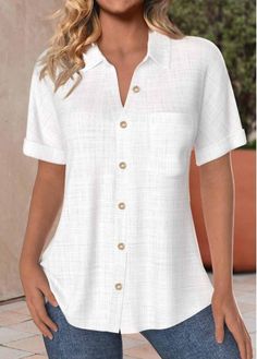 Color:White;Size:S;Size:M;Size:L;Size:XL;Size:XXL;Package Contents:1 X Blouse;Occasion:Other;Style:Casual; Elegant Dresses Plus Size, Linen Style Fashion, Beach Bridesmaid Dresses, White Short Sleeve Shirt, Plaid Outfits, Plain Tops, Black Swimwear, Floral Print Shorts, Plaid Tops