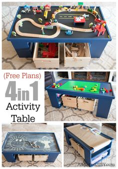 this is an activity table made out of legos and cardboard boxes with free plans