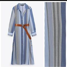 Nwt . Zara Blue Satin Effect Belted Striped Midi Shirt Dress With Collar , Long Sleeves , Front Buttons Closure . Size M. Ref . 0287/054 , Length 49 " . Blue Buttoned Shirt Dress For Vacation, Light Blue Summer Office Dress, Blue Button-up Midi Dress For Beach, Blue Cotton Office Dress, Elegant Striped Shirt Dress For Vacation, Blue Long Sleeve Shirt Dress, Long Sleeve Blue Shirt Dress, Casual Blue Shirt Dress, Blue Button-up Shirt Dress By Zara