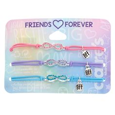 You and your best friends will forever be coordinated in style with these super cute friendship bracelets! Set of three infinity stretch bracelets includes one pink, one purple, and one blue bracelet. Stretch fit Finish: Silver-tone Pack Size: 3 Material: Metal/Plastic - Claire's Embellished Infinity Stretch Friendship Bracelets - 3 Pack Friendship Bracelets For Three, Cute Friendship Bracelets, Bff Jewelry, Bff Bracelets, Best Friend Bracelets, Friend Jewelry, Bff Necklaces, Best Friend Jewelry, Best Friend Necklaces