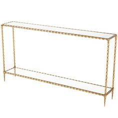 a gold metal and glass console table with roped edges on the top, against a white background