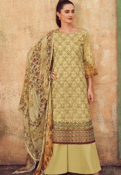 beige cotton satin embroidered daman work and digital printed palazzo suit 9034