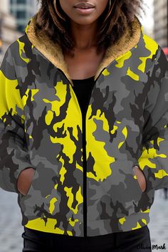 Olivia Mark - Patchwork Hooded Collar Outerwear with Casual Print Design Yellow Fleece Outerwear For Winter, Yellow Fleece Winter Outerwear, Yellow Winter Hoodie For Outdoor, Casual Outerwear, Turndown Collar, Casual Elegance, Wholesale Fashion, Dance Wear, Sweatshirts Women