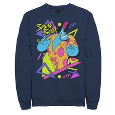 "No one knows how to party quite like the Genie does! Show off your fun side with this colorful fleece.Â© Disney No one knows how to party quite like the Genie does! Show off your fun side with this colorful fleece.Â© Disney Crewneck Long sleeves Navy ""Spring break"" message FABRIC & CARE Cotton, polyester Machine wash Imported Gender: male. Age Group: adult. Pattern: Graphic. Material: Polyester|Cotton." Denim Jacket Art, Disney Aladdin Genie, Aladdin Genie, Disney Crewneck, Genie Aladdin, Disney Aladdin, Retro 90s, Pattern Graphic, Aladdin