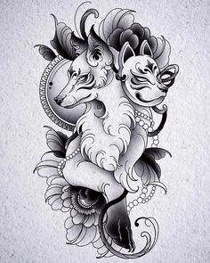 two cats are sitting on top of each other in the middle of a tattoo design