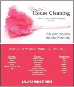 a flyer for a house cleaning company with pink feathers on the front and back of it