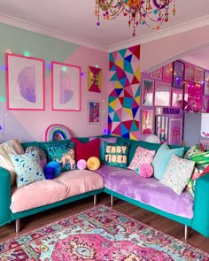 a living room filled with lots of colorful furniture