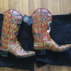 Liberty Boot Company Leather Boots Size 11 M Or 13 W Brand New Comes With Sleeper Bags Length 12 Inches Flame Print Hand Made Multicolor Western Boots With Snip Toe, Western Multicolor Leather Boots, Multicolor Western Leather Boots, Multicolor Leather Western Boots, Yellow Western Leather Boots, Multicolor Leather Boots With Snip Toe, Casual Multicolor Snip Toe Boots, Yellow Western Boots With Round Toe, Yellow Leather Boots With Snip Toe