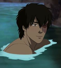 an anime character in the water with his eyes closed and one eye partially open, looking at the camera