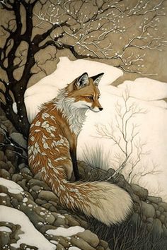 a painting of a fox sitting on top of a snow covered ground next to a tree