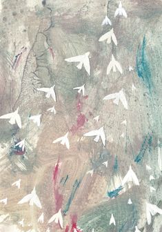 an abstract painting with white birds flying in the sky