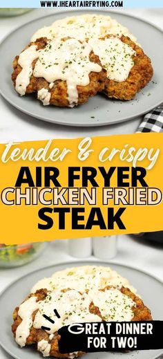 two photos of chicken fried steak with mashed potatoes and gravy on a gray plate with text overlay Air Fryer Chicken Fried Steak, Chicken Fried Steak Easy, Fried Cube Steaks, Beef Cube Steak Recipes, Chicken Fried Steak Recipe, Fried Steak Recipes, Air Fryer Steak, Cube Steak Recipes, Country Fried Steak