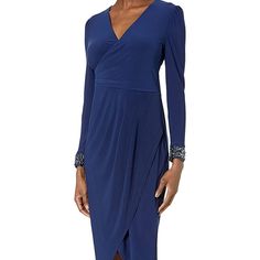 Adrianna Papell Women's Beaded Draped Jersey Dress Size 16 95% Polyester, 5% Elastane Elegant And Modern Best-Selling Silhouette Matte Jersey Fabric Elegant, Floaty Long Sleeves Wrap Skirt Long Sleeves With Exquisitively Beaded Cuffs Blue Embellished Midi Dress For Evening, Elegant Embellished Draped Dress, Formal Draped Embellished Dress, Elegant Draped Sequin Dress, Elegant Blue Embellished Midi Dress, Elegant Embellished Blue Midi Dress, Blue Embellished Evening Midi Dress, Elegant Blue Sequin Midi Dress, Fitted Embellished Blue Midi Dress