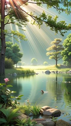 the sun shines brightly through the trees and over the water in this beautiful landscape