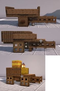 three different views of a building made out of wood