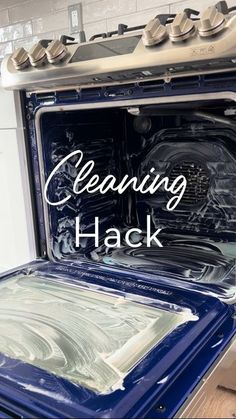 a blue oven with the words cleaning hack on it