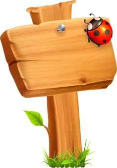 a wooden sign with a ladybug sitting on it's back and side