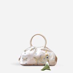 Brocade Jacquard New Chinese Style Handcrafted Handbag - SinoCultural Chinese Brocade Dress, Elegant White Bag With Intricate Embroidery, Chinese Brocade, Luxury Elegant Floral Embroidered Bag, Luxury Elegant Flower-shaped Bags, Handcrafted Handbags, Chinese Aesthetic, Beige Bag, New Chinese Style