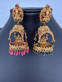 Matte Goddess Lakshmi Layer Jhumka Earrings Length : 2.25 Inches; Weight : 14 grams each. Traditional Earring Perfect for Gifting. Ready to ship from Boston, MA Fusion Style Earrings With Latkans For Festivals, Latkan Dangle Earrings For Puja, Dangle Latkans Earrings For Puja, Multicolor Earrings For Diwali Rituals, Festive Temple Jewelry Hoop Earrings With Latkans, Fusion Style Earrings For Diwali Puja, Fusion Style Earrings For Puja And Festivals, Heavy Multicolor Earrings For Puja, Multicolor Latkan Earrings For Puja