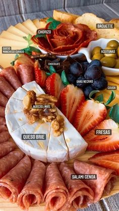 an assortment of meats and cheeses on a platter with the names in spanish