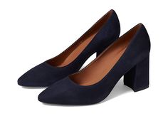 Aquatalia Peony - Women's Shoes : Navy : Slay the evening style wearing the very bold and elegant Aquatalia Peony Heels. Soft suede upper. Leather lining and insole. Easy slip-on style. Timeless pointed toe. Chunky block heel. Rubber outsole. Made in Italy. Measurements: Heel Height: 2.95 in. Single Shoe Weight: 17.28 oz. Chic 4-inch Block Heels For Fall, Chic Court Shoes With 4-inch Heel For Business Casual, Chic Business Casual Court Shoes With 4-inch Heel, Evening Heels With Block Heel For Fall, Evening Block Heel Shoes For Fall, Chic Block Heels With Stacked Heel And Almond Toe, Chic Block Heels With Reinforced Heel For Fall, Chic Closed Toe Block Heels With Contrasting Heel, Chic Block Heels For Fall Party