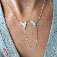 Elegant Sterling Silver Necklace With Bird Design, Sterling Silver Necklace With Bird Design, Silver Bird Design Pendant Necklace, Hummingbird Jewelry, Twins Gift, Hummingbird Necklace, Sterling Silver Wing-shaped Necklace, Silver Bird-shaped Sterling Silver Necklace, Gold Jewelry Simple Necklace