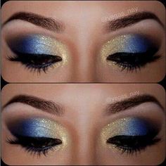 Would love this for a new years eve look! Gold And Blue Makeup Black Women, Royal Blue Natural Makeup, Gold And Blue Eyeshadow, Blue And Gold Makeup Looks, Blue And Black Eyeshadow, Blue And Gold Eyeshadow, Blue Gold Makeup, Blue And Gold Makeup, Eyeliner Trends