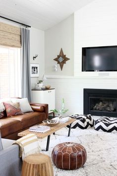 a living room filled with furniture and a flat screen tv mounted on the wall above a fire place