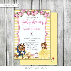 the beauty and the beast baby shower is shown in pink, yellow, and white