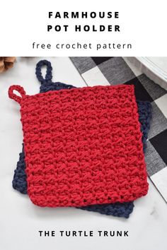 Pinterest pin for the Farmhouse Pot Holder crochet pattern by The Turtle Trunk. Photo shows 2 crochet pot holders laying on a white surface. Crochet Pot Holder, Crochet Pot Holders Free Pattern, Easy Beginner Crochet Patterns, Crochet Potholder, Crochet Pot, Crochet Hot Pads, Crochet Stitches Guide