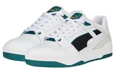 388634-03 Sporty Lace-up Skate Shoes With Puma Logo, Puma Low-top Skate Shoes For Skateboarding, Puma Low-top Skate Shoes, Puma Logo Slip-on Sneakers For Streetwear, Puma Logo Slip-on Sports Sneakers, Pumas Shoes, White And Black, White, Green