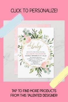 a pink and white floral baby shower with the text, click to personalize it