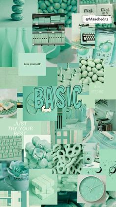 a collage of photos with the words basic in different languages and colors, including green