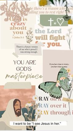 a collage of images with the words jesus and flowers on them, including an image of