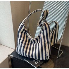 UAKISS - Canvas Bag for Women 2024 New Shopper Handbags Shoulder Tote Bag Casual Stripe Large Capacity School Bags Girls Leather School Backpack, Casual Elegant Style, Soft Pattern, Summer Handbags, Girls Handbags, Shoulder Backpack, Handbags Tote, Purse Styles, Casual Stripes