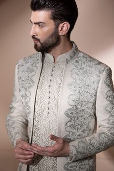 Buy AMIT ARORA Mint Green Crochet Embroidered Indo Western Set at Pernia'sPopUpShopMen 2023 Indo Western Menswear, Indowestern Outfits For Men, Indowestern Outfits, Suits Groom, Wedding Kurta