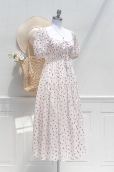 a cute floral chemise style dress. perfect for back to school dress outfits. front view. White Square Neck Midi Dress In Cottagecore Style, White Square Neck Cottagecore Midi Dress, French Girl Style, Red Floral Print, Fit Details, Midi Length Skirts, Lined Skirt, Work Clothes