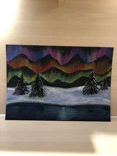 an acrylic painting of some trees in the snow with northern lights behind them